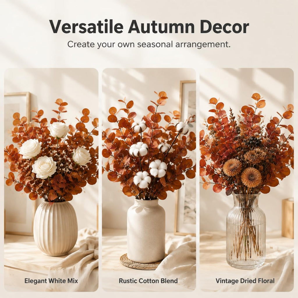 6pcs Eucalyptus Stems Fake Brown Orange Fall Leaves Artificial Silk Flowers Autumn Decor Bouquet Faux Branches Centerpiece Flores Plants for Home Party Decor Wedding Decoration