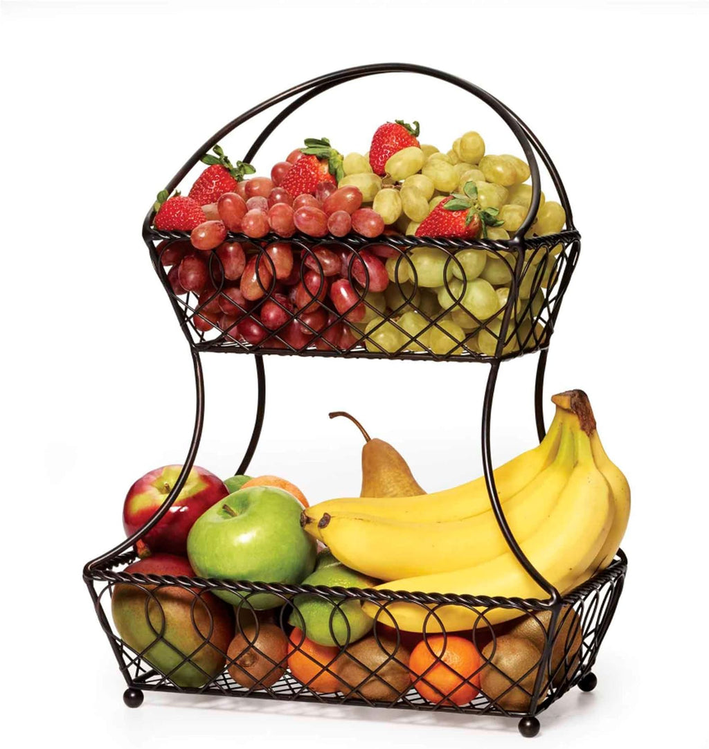 Gourmet Basics by Mikasa Loop and Lattice 2-Tier Flatback Metal Fruit Basket, Antique Black