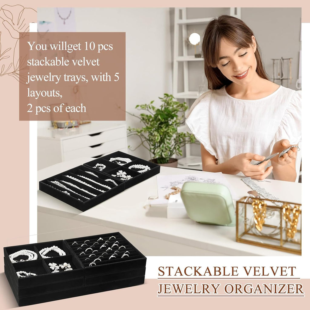 Cinnvoice Set of 10 Stackable Jewelry Organizer Tray for Drawer, Black