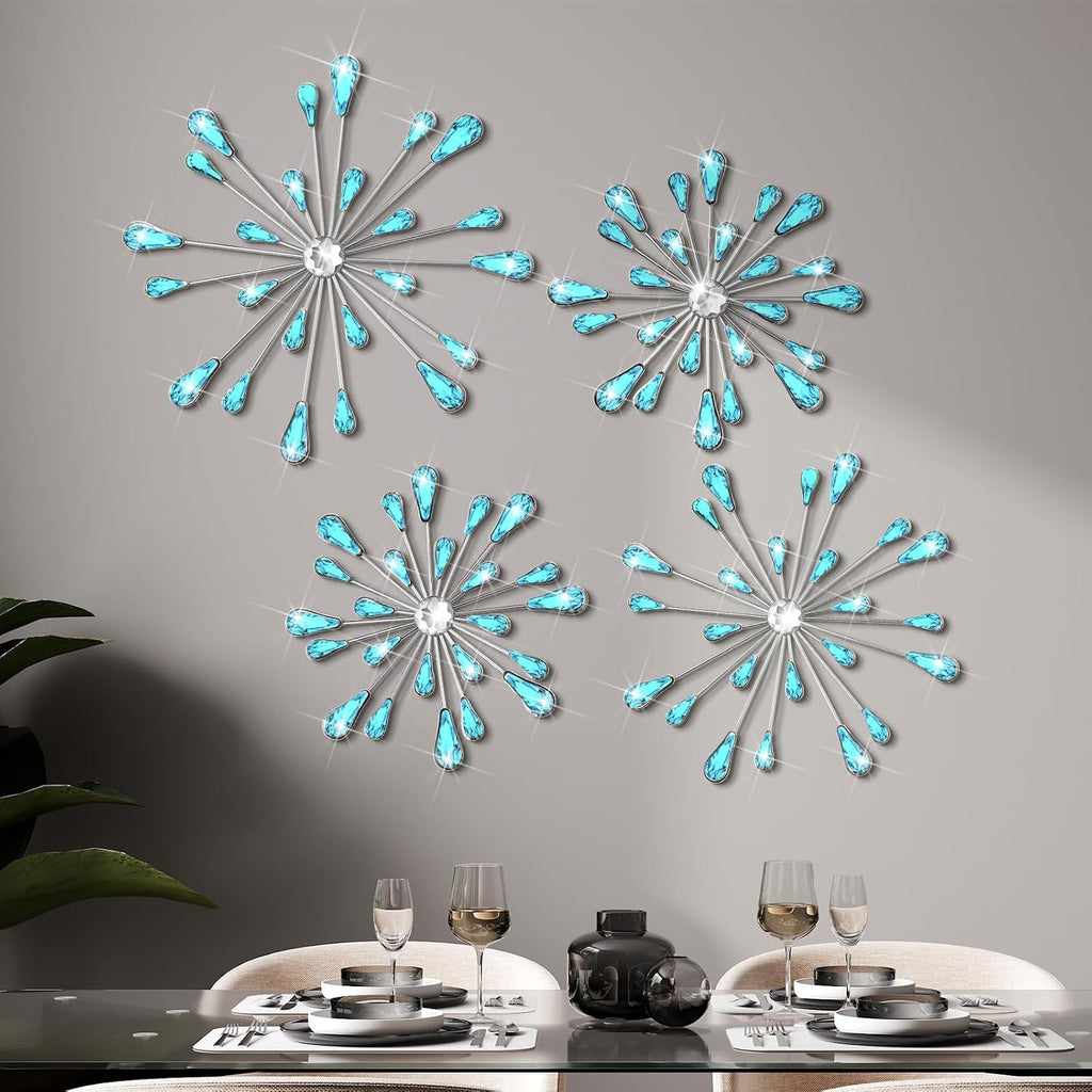 Hicarer 4 Pcs Starburst Wall Decor, Bling Metal Wall Art, Blue