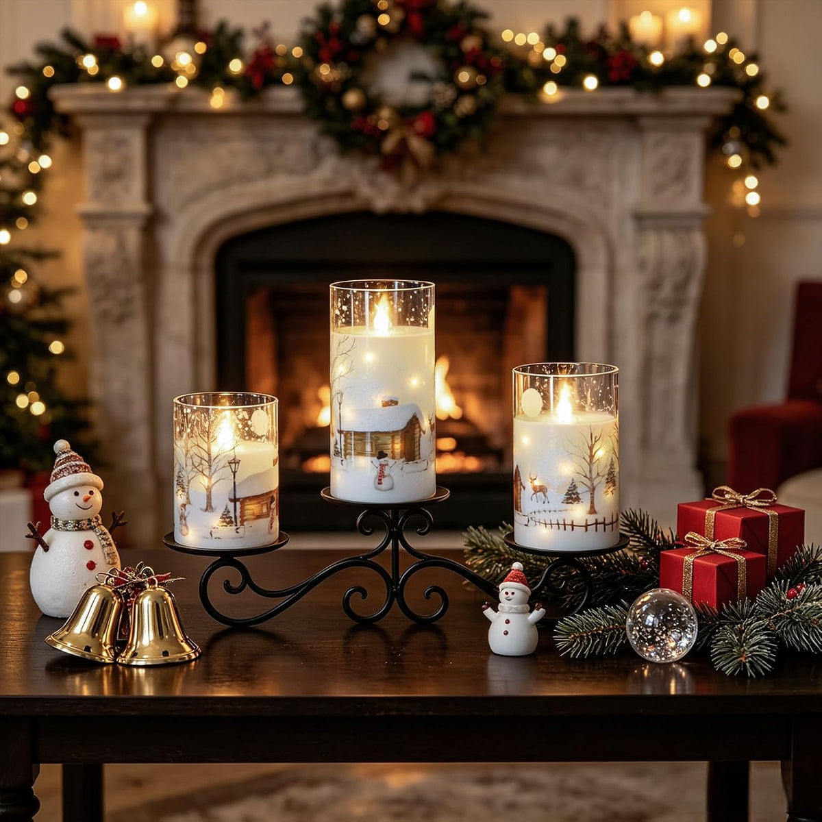 Christmas Snowman Flameless Candles String Lights Remote Timer