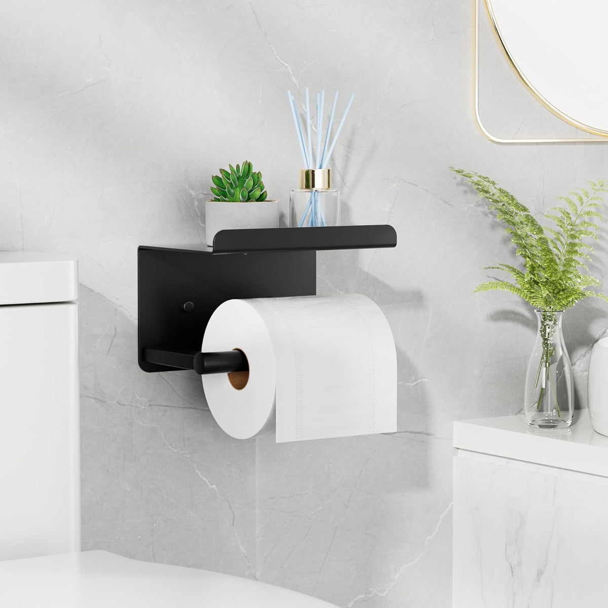 Adhesive Toilet Paper Holder with Shelf, Stainless Steel, Black