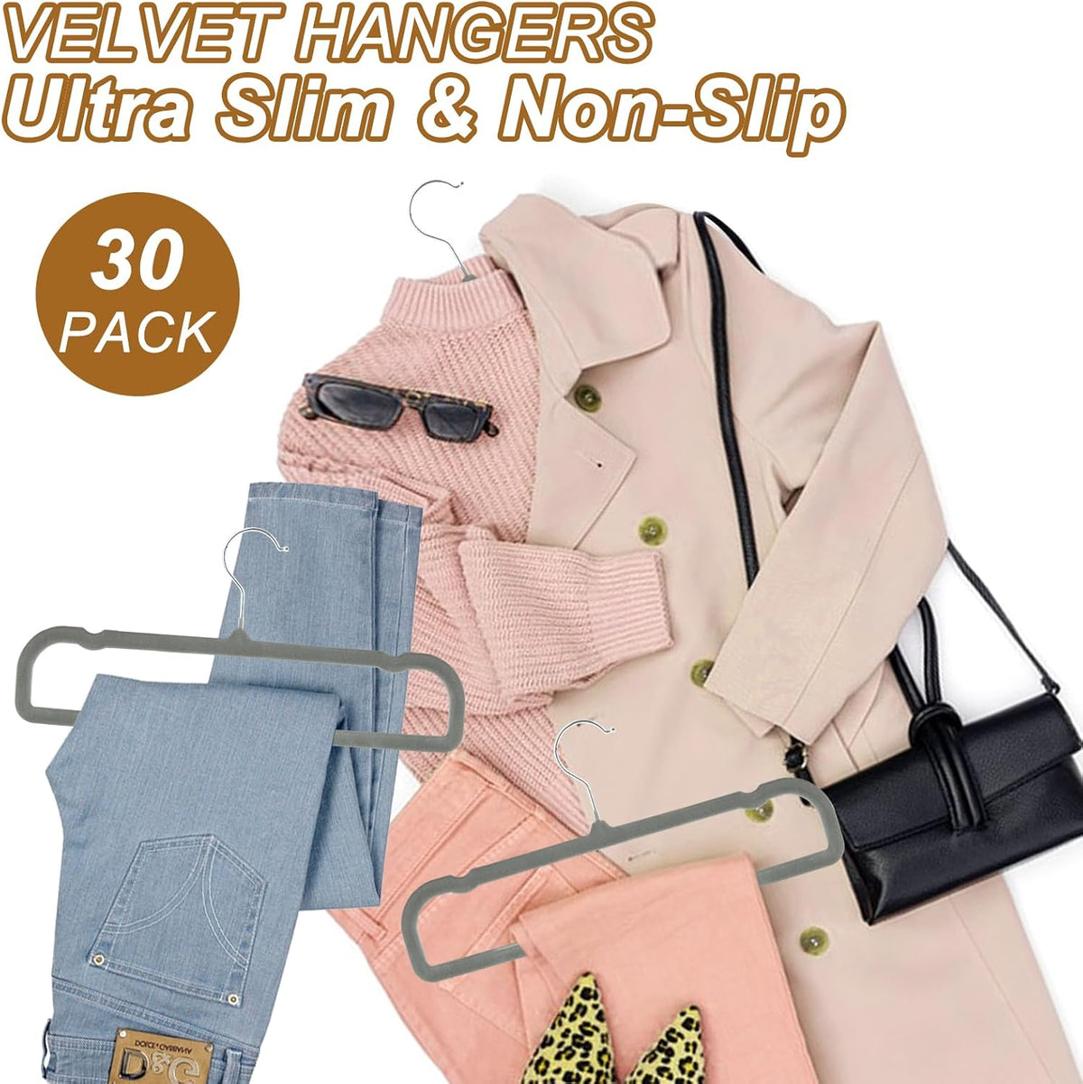 Pants Hangers Space Saving, 30 Pack Velvet Hangers for Closet with 30 Hooks, Strong Durable Non Slip Slim Clothes Hanger, Ultra Soft Flocked Hanger for Pants, Shirts, Bra, Shorts (Grey)
