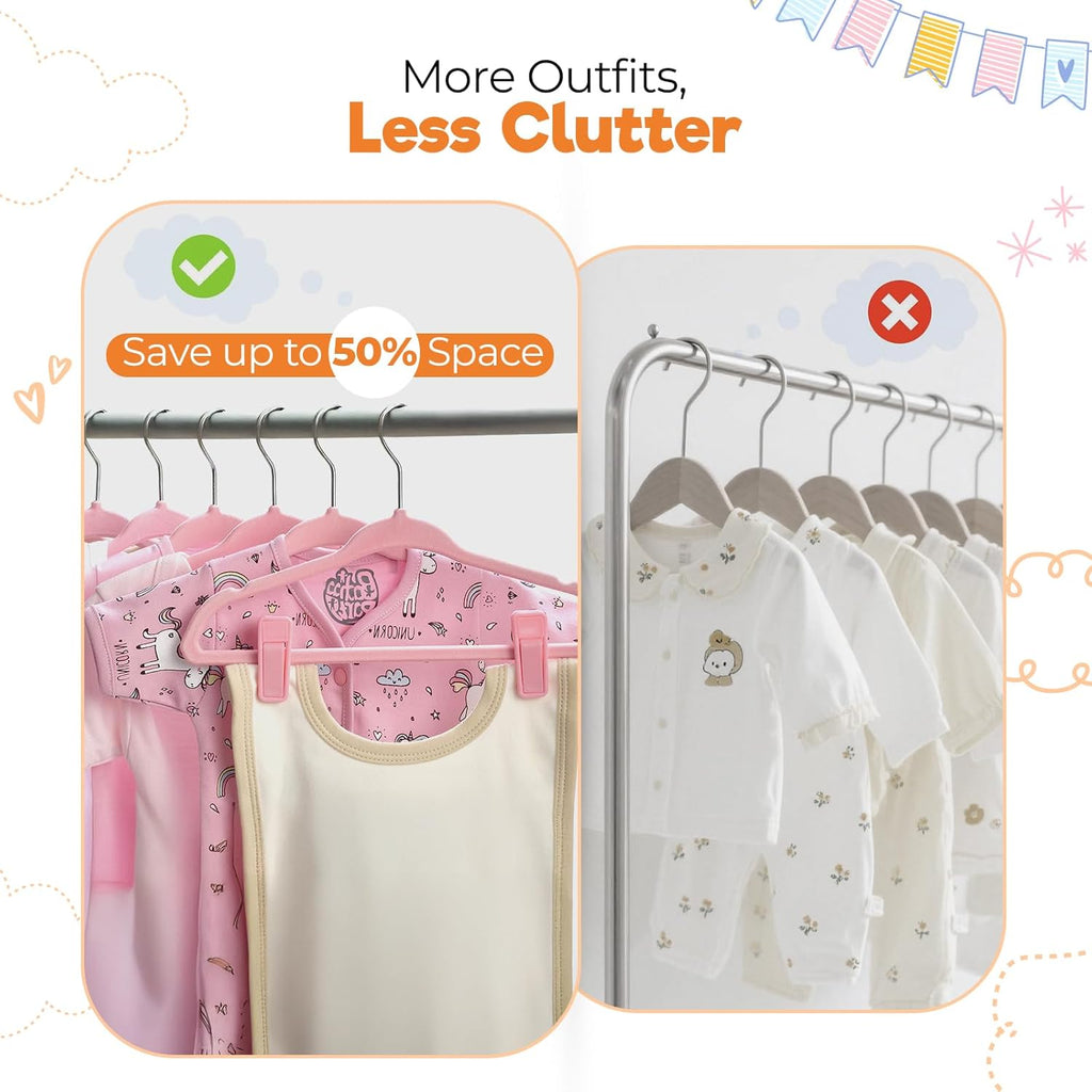 Babyrish Velvet Baby Hangers with 10x Clips and 8X Dividers (30 Pack) | 11” Ultra-Slim Baby Clothes Hangers | Non-Slip Felt | Space-Saving Nursery & Infant Closet Organizer | Pink