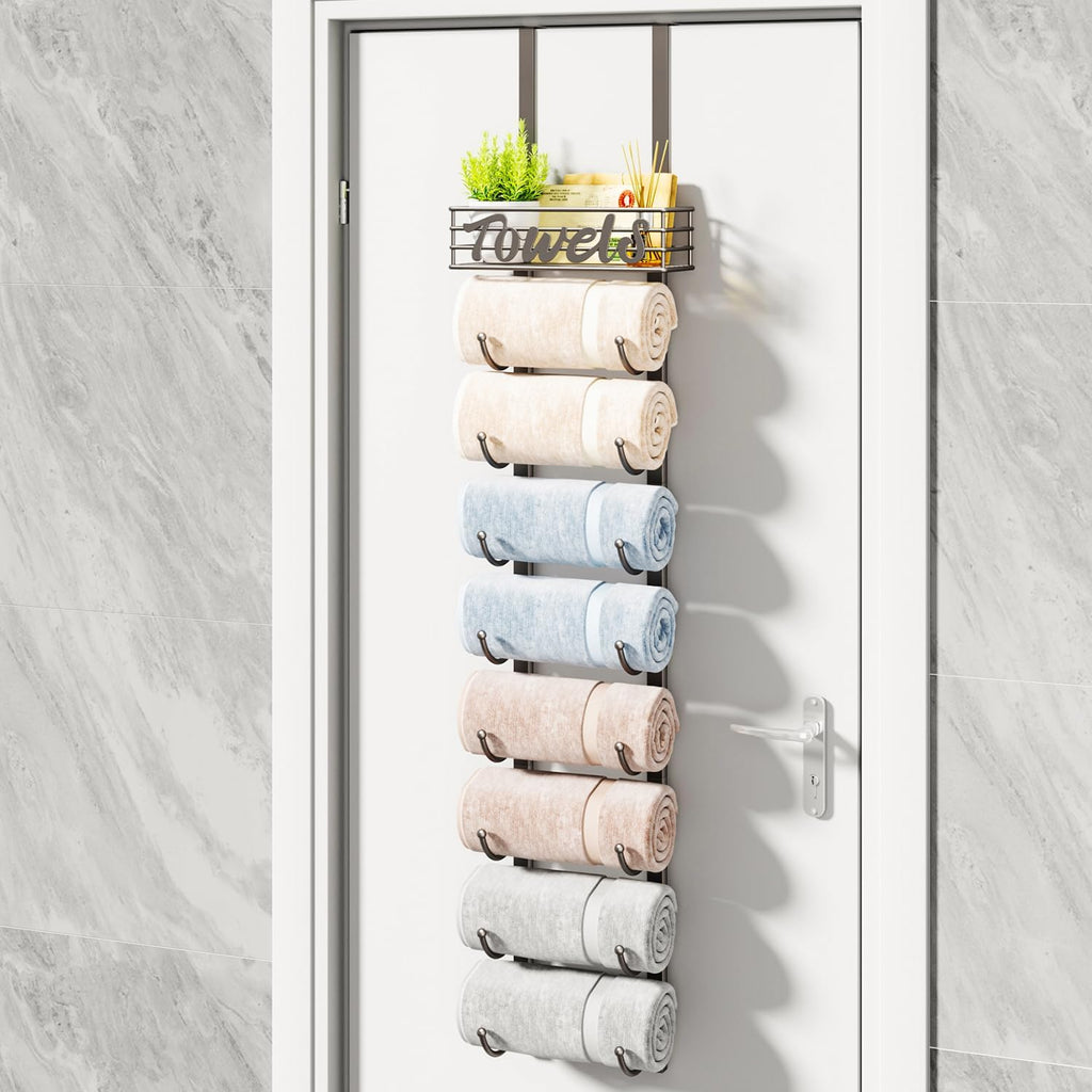 HapiRm Towel Racks for Bathroom Storage - 9 Tier Over The Door & Wall Mount Rolled Towel Storage Organizer Holder with Metal Shelf Basket for Small Bathroom, Camper, Rv - Patented