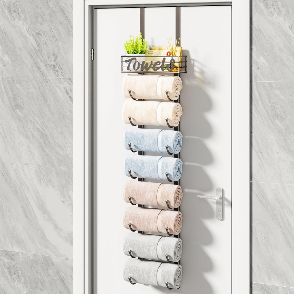 HapiRm Towel Racks for Bathroom Storage - 9 Tier Over The Door & Wall Mount Rolled Towel Storage Organizer Holder with Metal Shelf Basket for Small Bathroom, Camper, Rv - Patented