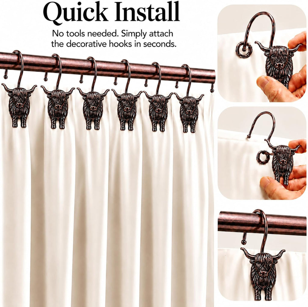 Highland Cow Shower Curtain Hooks, Rust-Resistant Zinc Alloy Metal Hooks, Farmhouse Bathroom Decor, 12 Pack (Antique Copper)