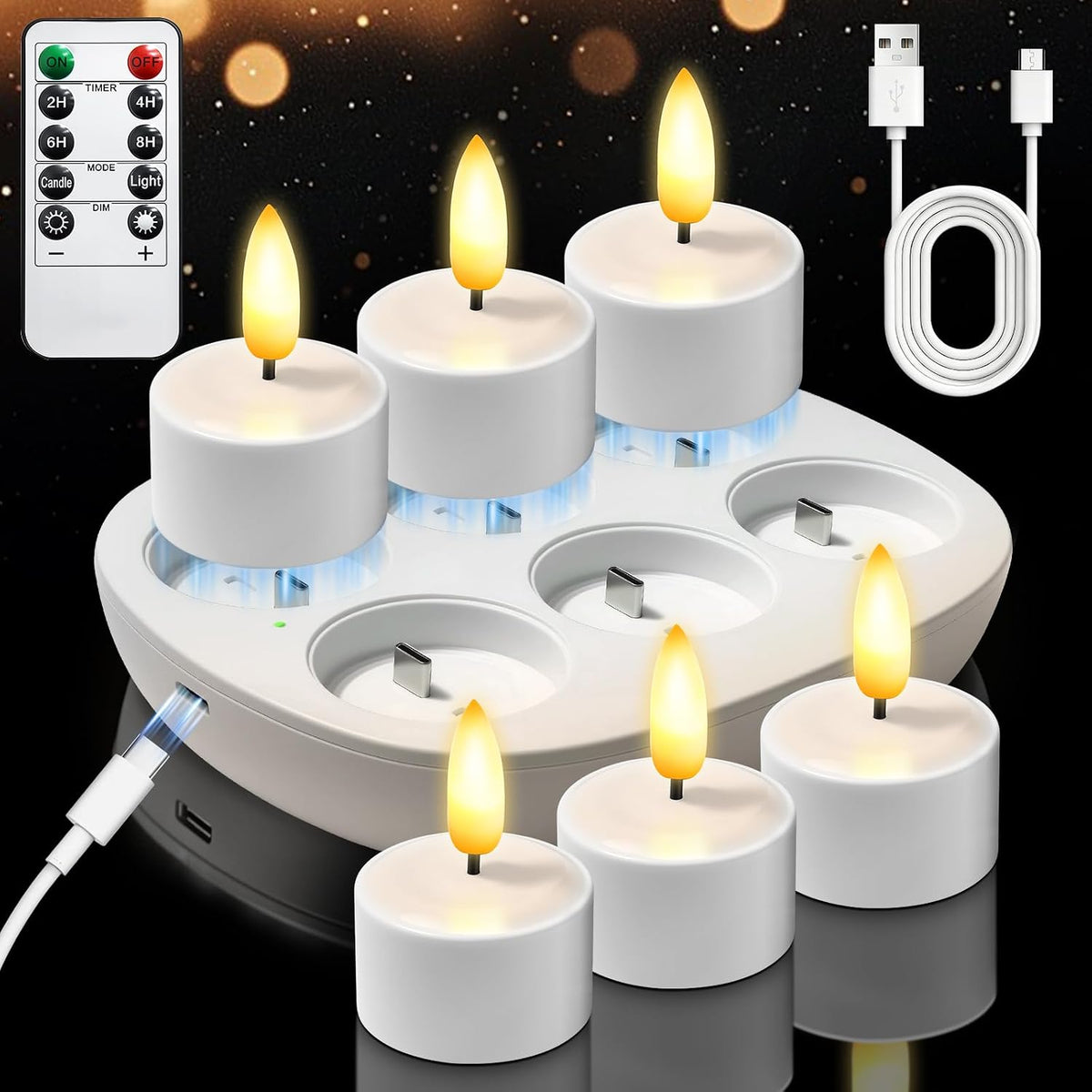 KSWING Flameless Tea Lights Candles with Remote Timer & Charging Station Base, 6PCS USB Rechargeable Battery Operated LED Tealight Candle Flickering Realistic for Home Christmas Wedding Decor,White