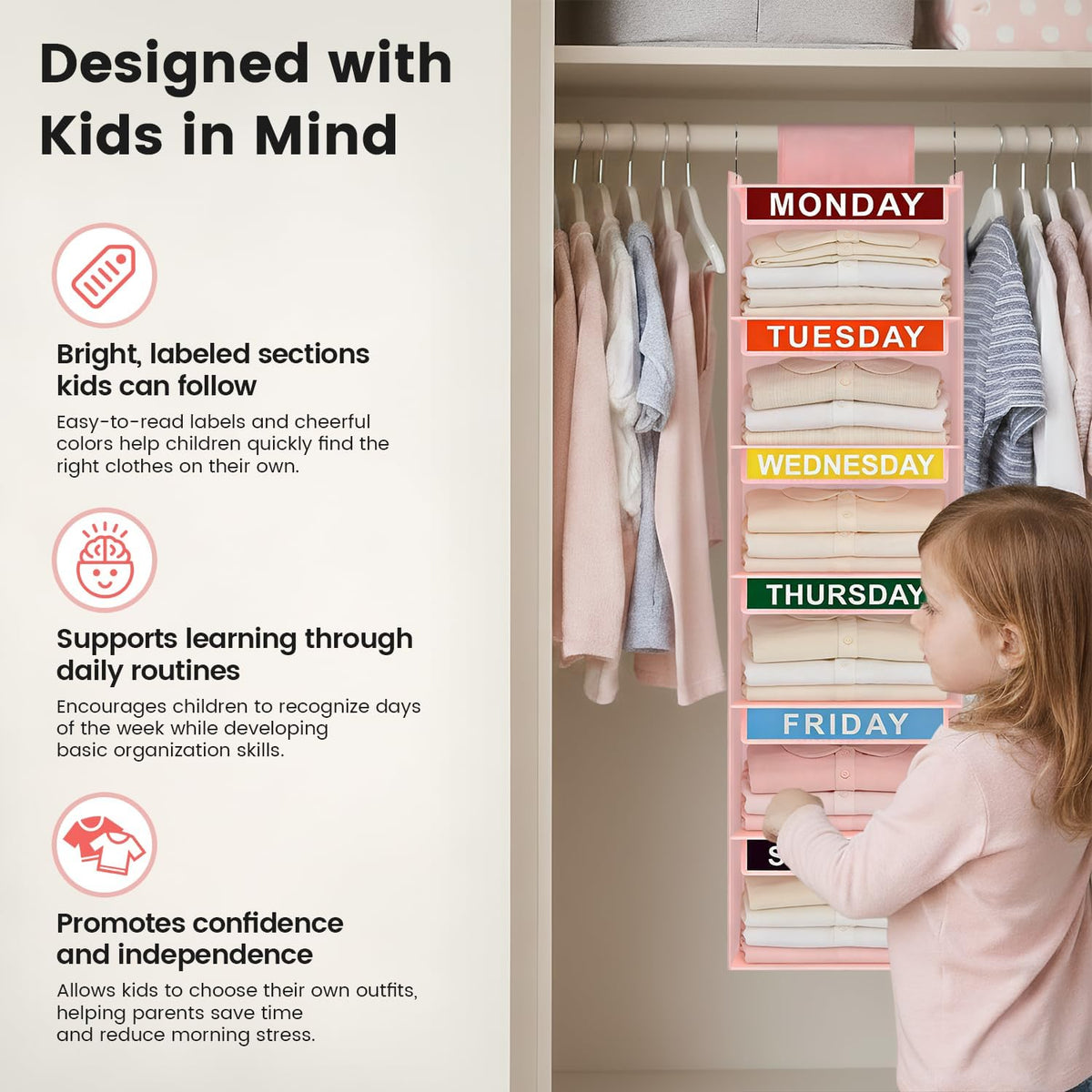 Weekly Clothes Organizer for Kids, 6-Shelf Kid Hanging Closet Organizer w/ 6 Side Pockets, Labeled Weekly Outfit Organizer for Kids, Days of The Week Clothes Organizer Monday Through Friday Pink