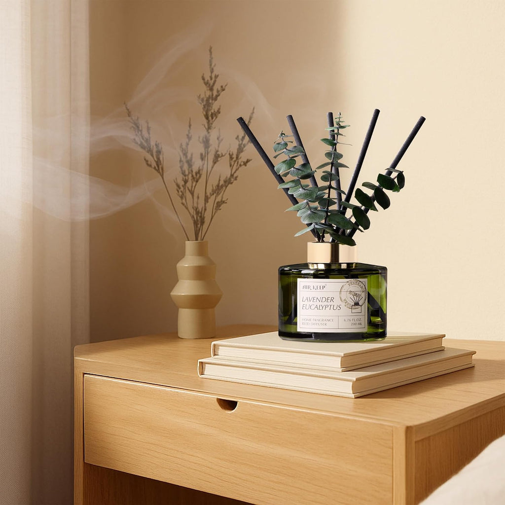 Airkeep Reed Diffuser Set with 6.76 fl oz Lavender Eucalyptus Scent Essential Oils and 3 Leaves & 8 Diffuser Sticks,Bathroom Shelf Decor & Air Freshener, House Bedroom Office Decor & Gifts