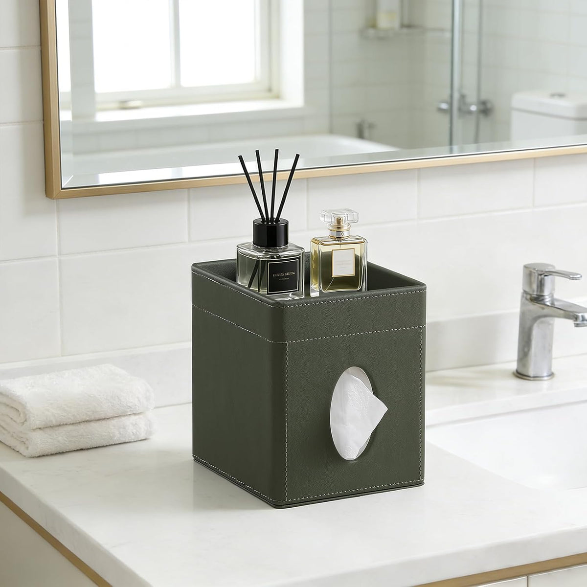 PU Leather Tissue Box Cover Square Tissue Box Holder Tissue Holder (Green)
