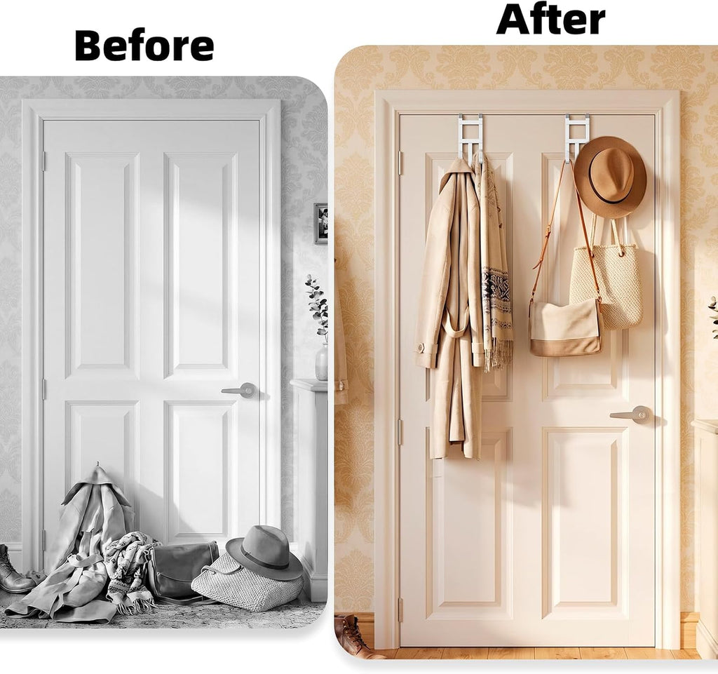 2 Packs Over-the-Door Hooks, Fits 1 1/2 Inch Interior Doors, No Installation Required, 100 Lb Heavy Duty with Rubber Anti-Scratch, Space-Saving Hangers for Bathroom, Bedroom, Kitchen, Office, White