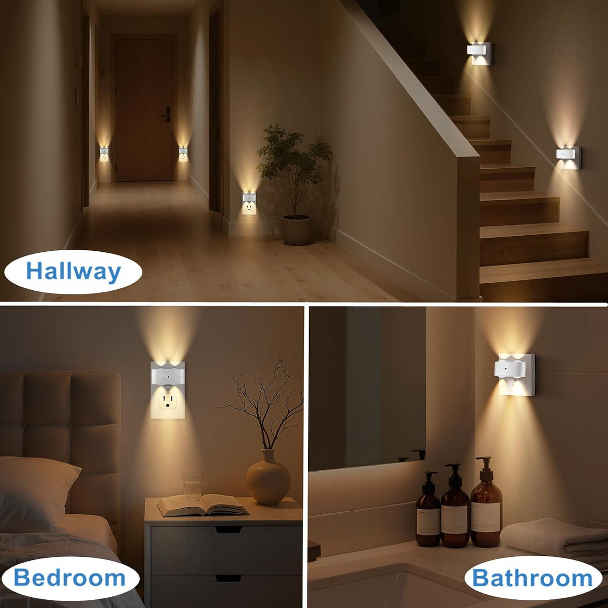 4 Pack LED Night Light Plug in Wall, Compact Nightights, 3000K Soft White,for Hallway, Stairs, Bedroom, Bathroom, Kitchen
