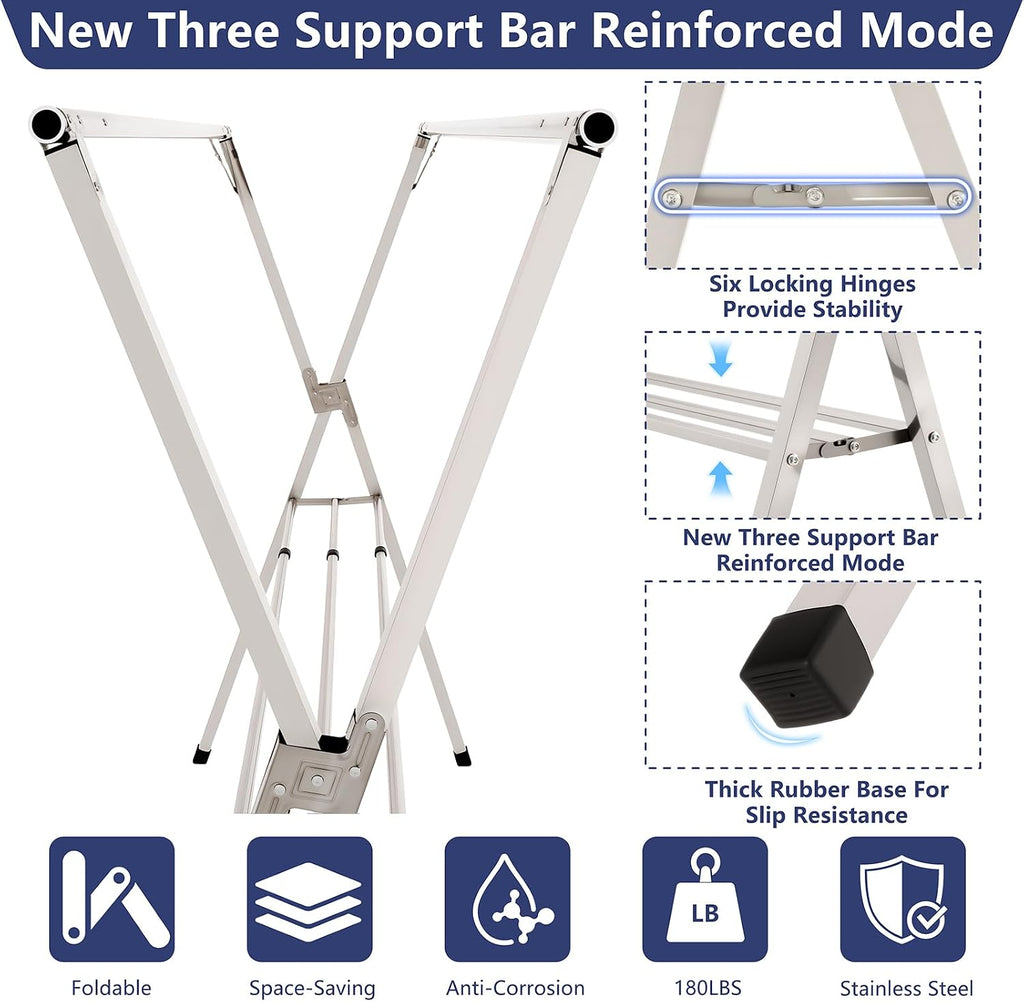 63 inches Foldable Clothes Drying Rack, Stainless Steel Indoor Outdoor Use