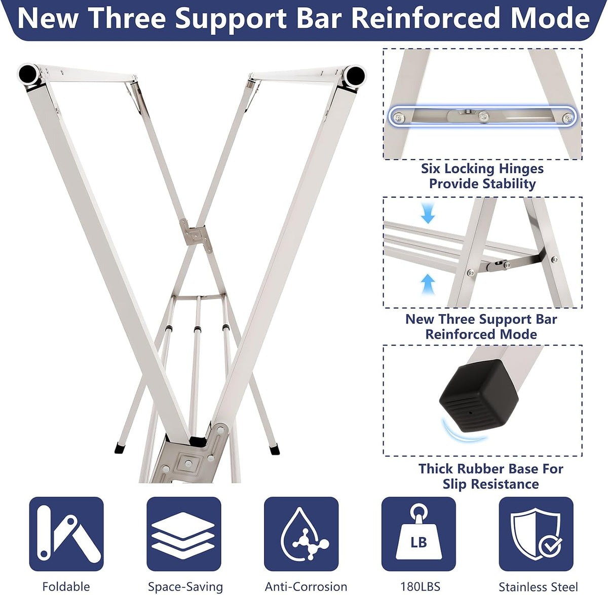 63 inches Foldable Clothes Drying Rack, Stainless Steel Indoor Outdoor Use