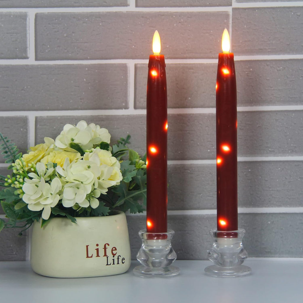 Flameless Flickering Taper Candles Battery Operated with Embedded String Lights, wtih Timer and Remote, LED Real Wax Tapered Dinner Candle Set of 2 (Red)