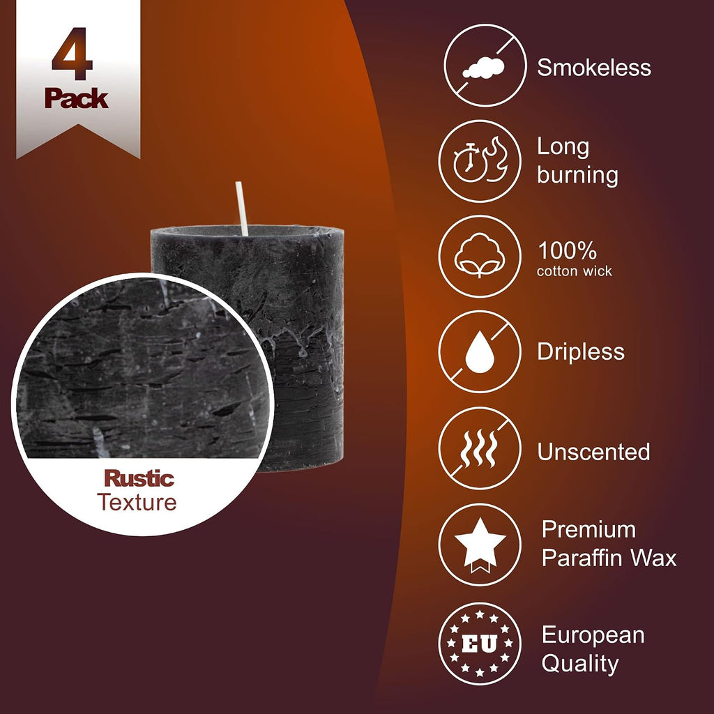 SPAAS Rustic Black Pillar Candles - 2.8" X 3" Unscented - 4 Pack for Home Decor, Halloween, Wedding, Spa, Holidays, Restaurants