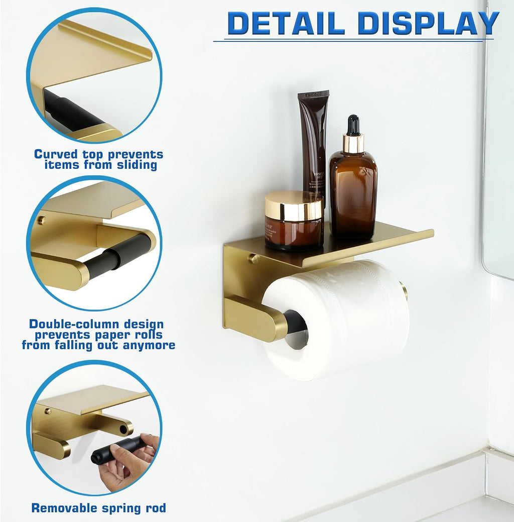 Alise Toilet Paper Holder with Shelf Wall Mount Adhesive or Screw in,Gold