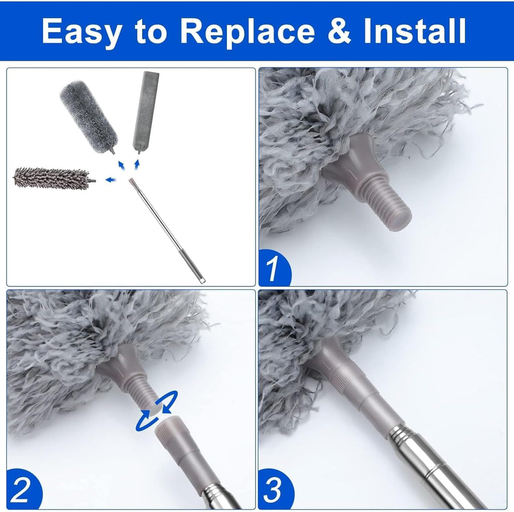 7 Pcs Microfiber Feather Duster with 100-inch Telescopic Extendable Pole, Washable and Reusable Cobweb Duster Kit, Dusters for Cleaning High Ceiling,Fan,Furniture,Blinds