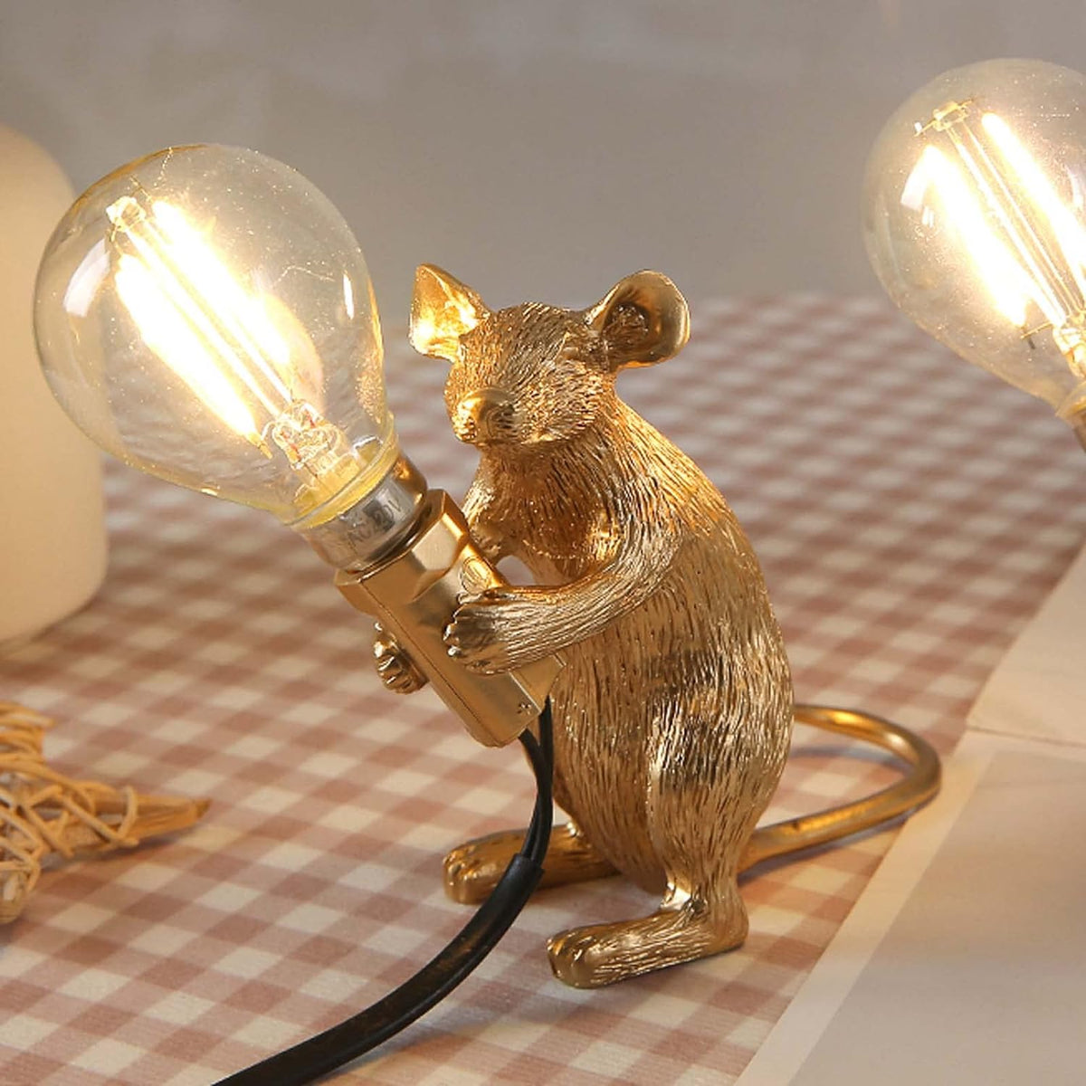 NorDiem Cute Mouse Table Lamp, Gold Standing Resin Animal Desk Light with E12 LED Bulb Included, Warm Glow Mini Bedside Lamp for Kids Bedroom Nursery Playroom Girls Boys Toddlers