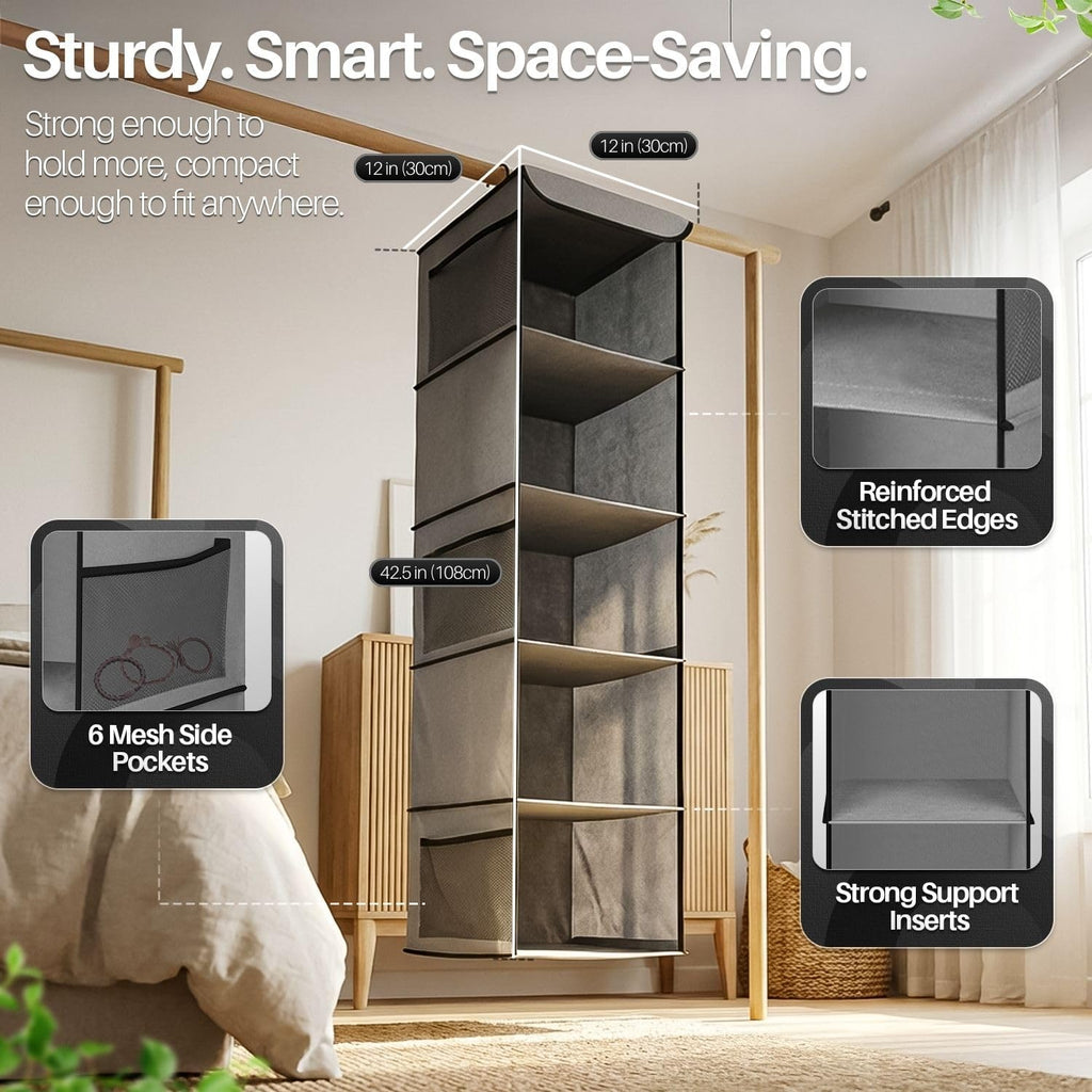 Flexzion 5-Shelf Fabric Hanging Closet Organizer, 11.9-Inch Wide, Brown