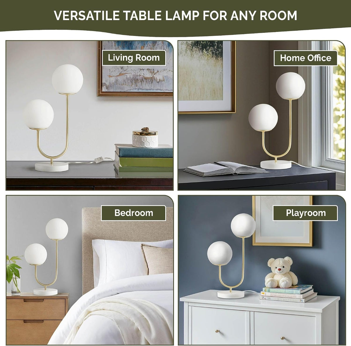510 DESIGN Table Lamp for Bedroom - Metal Gold Nightstand Lamp, Frosted Glass Globes Modern Bedside Lamp w/White Base, Clear Polarized Cord & in Line Switch, Accent Lamp Decor, 20" H Gold/White