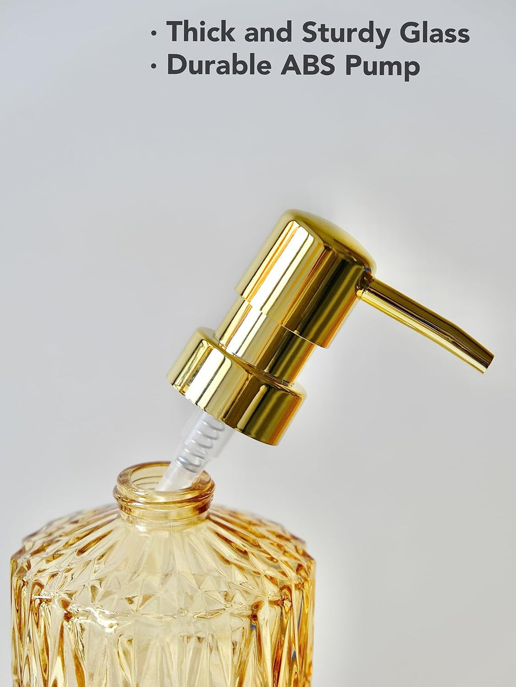 LaMarriti Clear Glass Soap Dispenser with Gold Rust Proof Pump, Refillable Thick Glass Kitchen Soap Dispenser, Lotion Dispenser Bathroom for Hands Soap, Dish Soap, Body Wash (Yellow Gold