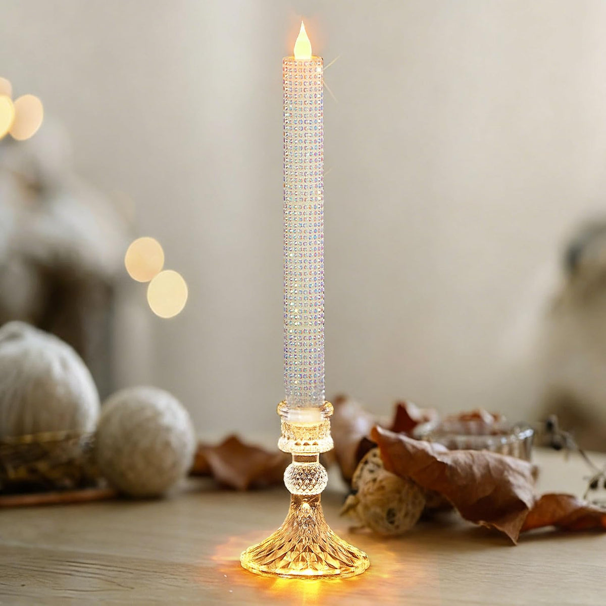 Flameless Taper Candles w/Holder, Crystallized-Brilliant, 2 Pack