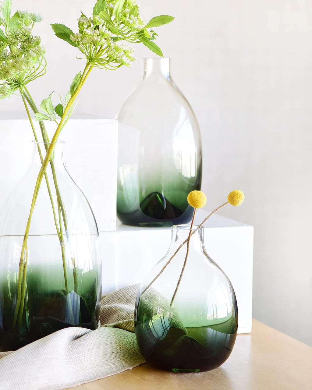 CONVIVA Modern Green Glass Flower Vase Set, 3 Sizes 11" 9" 7" Height