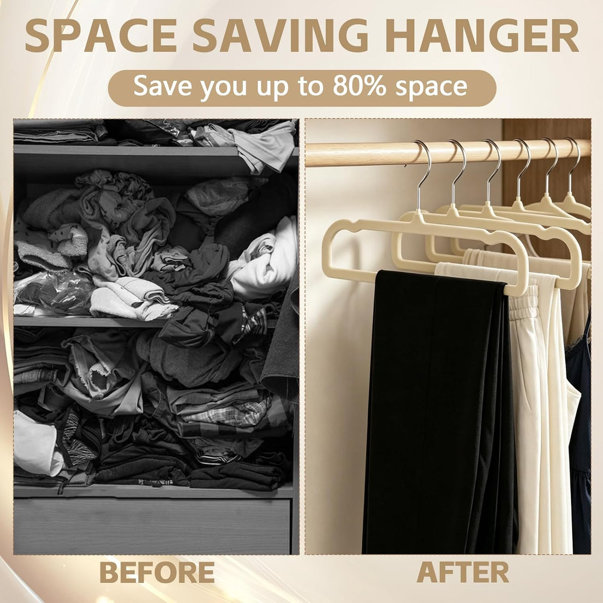 50 Pack Velvet Pants Hangers Non Slip, Velvet Hangers Space Saving for Closet, Strong Durable Clothes Hanger with 360° Swivel Hook, Ultra Soft Flocked Hanger for Pants Jeans Shirts Bra Shorts (Cream)