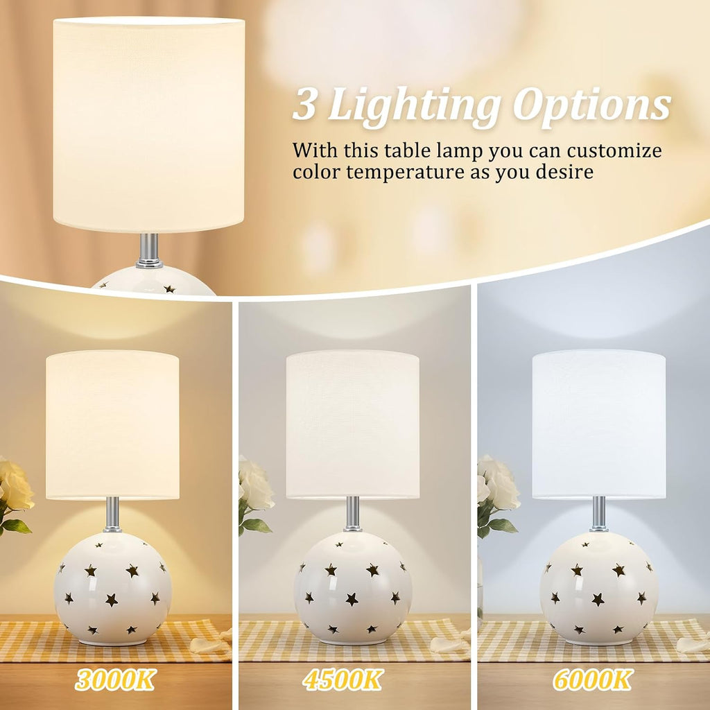 Small Table Lamp,14" White Ceramic Bedside Lamp for Girls Kids Bedroom,Dorm