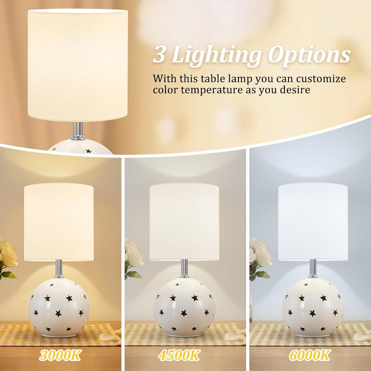 Small Table Lamp,14" White Ceramic Bedside Lamp for Girls Kids Bedroom,Dorm
