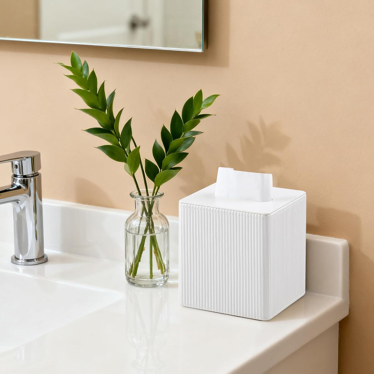 PU Leather Square Tissue Box Cover Tissue Box Holder Cube (Ivory)