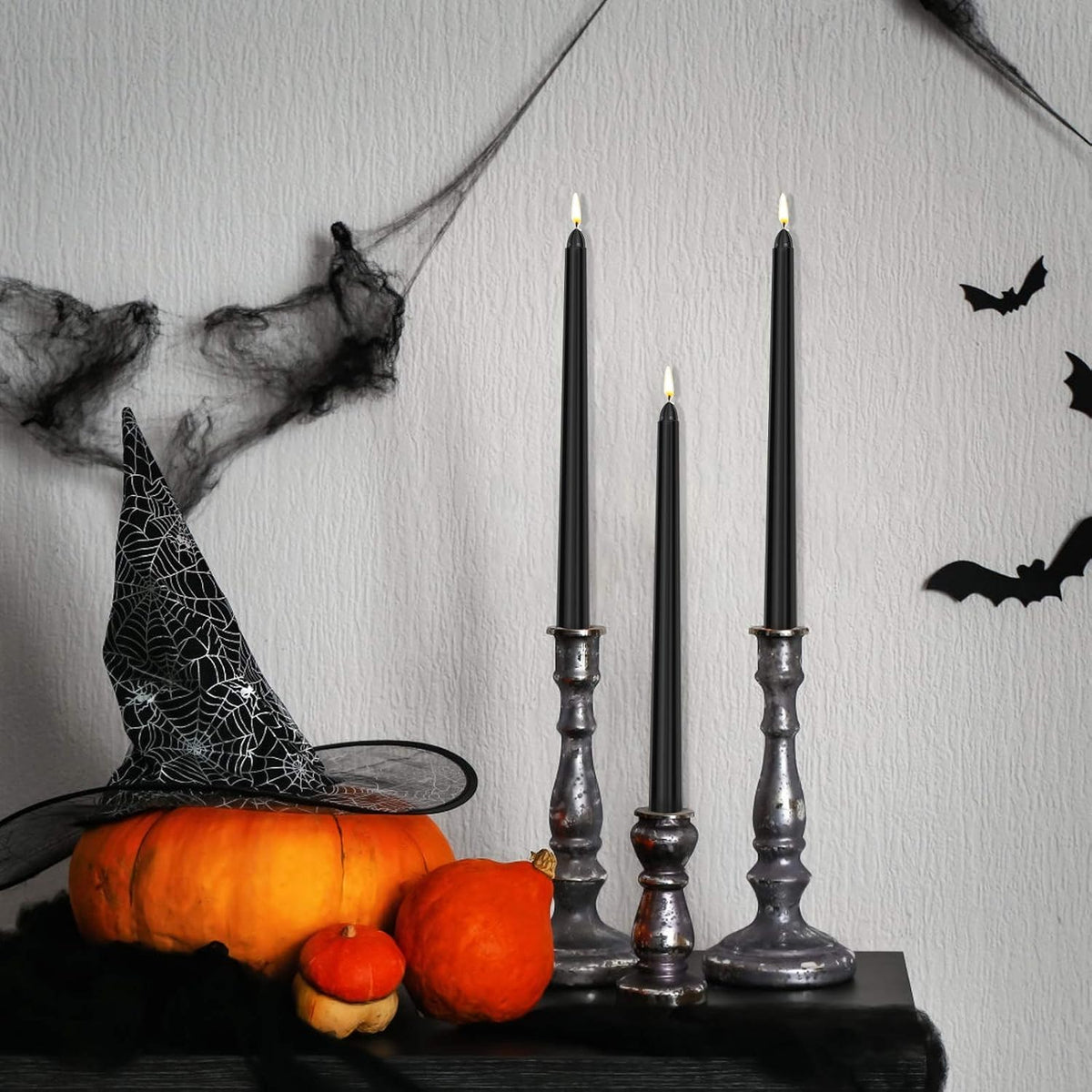14 Pack Black Taper Candles 10inch, Unscented Dinner Table Candle, 8 Hour Burn Time for Halloween Christmas Party or Wedding Home Decor
