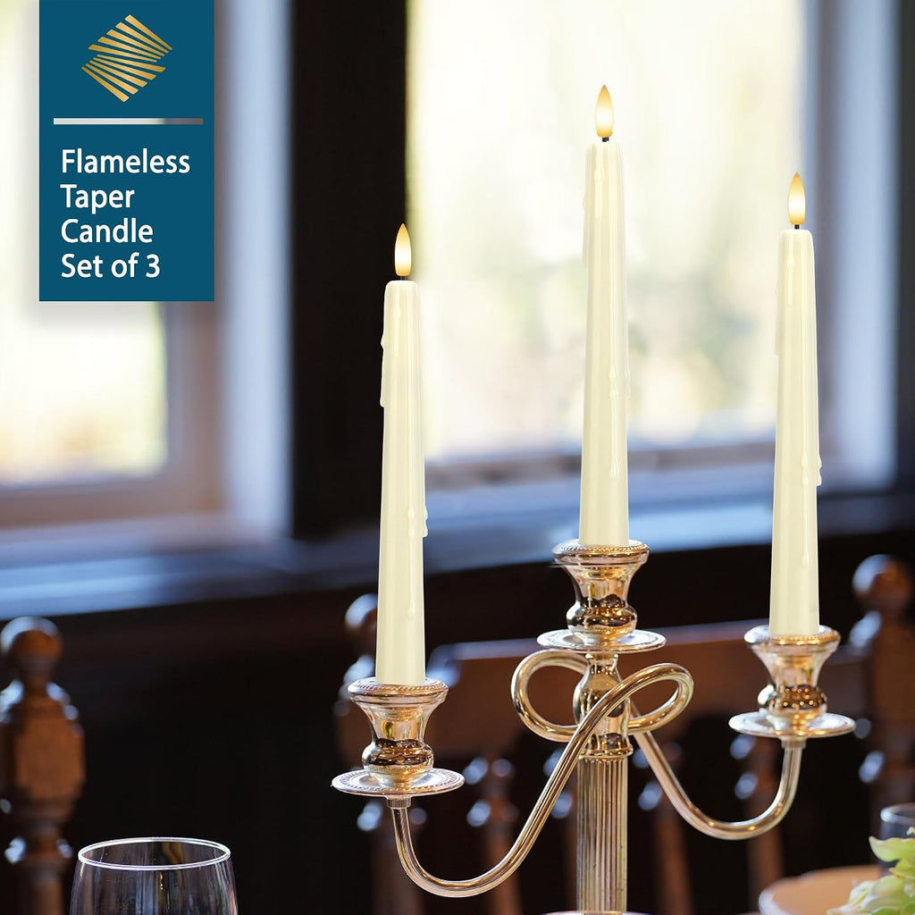 Dripless Flameless Taper Candles with Remote, Real Wax Battery Operated LED Candles Set with 3D Flickering Flame, 9.6" Realistic Dripless Candlesticks for Wedding Home Decor, 3 Pack Ivory