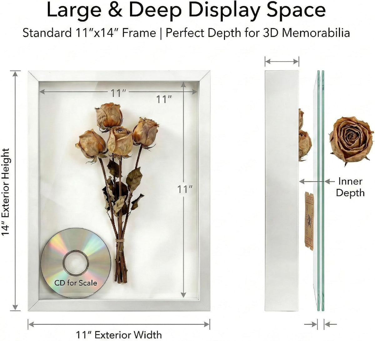 Shadow Box Frame Display Cases, 11"x 14" Wood Deep Black Handicrafts Shadowbox Picture Frame for Flowers Jersey Baby Wedding Dress (1, White)