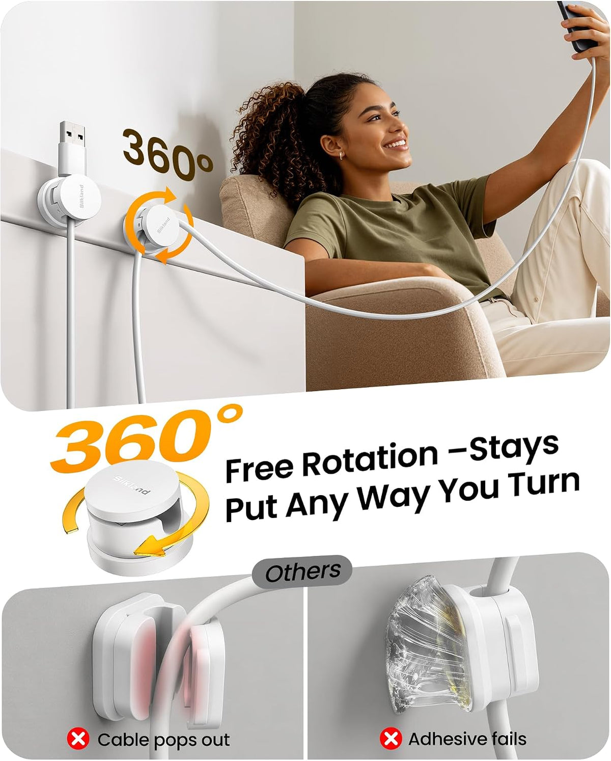 Silkland 6 Pack Snap-Lock Cable Clips, 360° Rotatable Cord Holder for Desk
