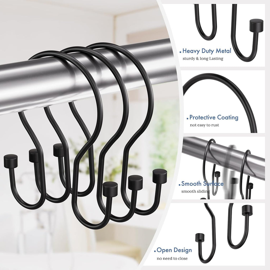 Bathway Shower Curtain Hooks Black Shower Curtain Rings, Shower Curtain Hangers Sturdy Double Hook Shower Curtain Hooks Rust Proof, Smooth Metal Shower Hooks for Shower Curtain, 12Pcs Shower Rod Hooks