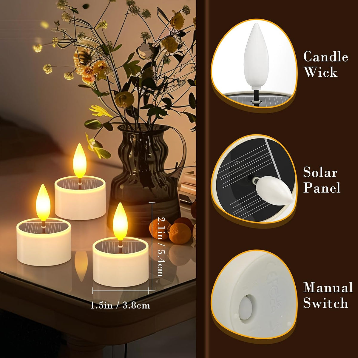 Yme Solar Tea Lights Outdoor Waterproof, Rechargeable Flameless Candles