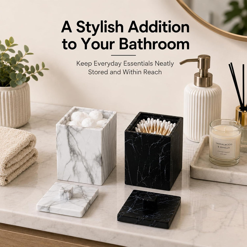 2-Pack Marble Pattern Cotton Swab Holders with Lids, Resin Bathroom Vanity Storage Jars, Square Qtip Containers for Cotton Balls, Pads, and More (Black)