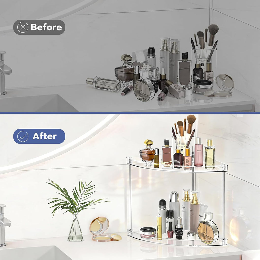 2 Tier Corner Bathroom Counter Organizer, Clear, Triangular