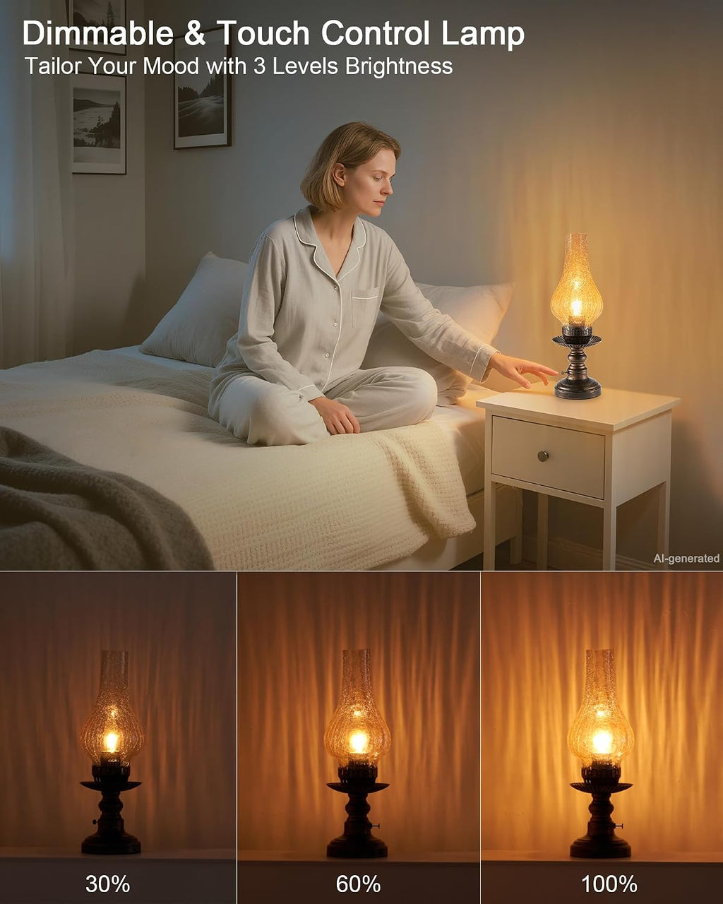 UMEXUS Vintage Rechargeable Cordless Table Lamp, Small Battery Powered Lamp