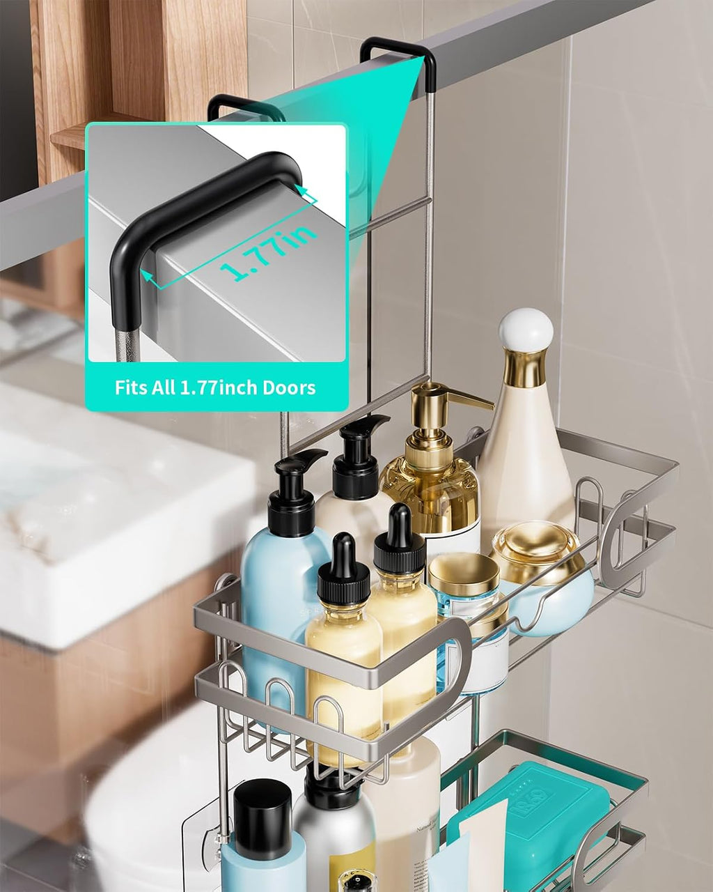 HapiRm Shower Caddy over Door- Hanging Shower Organizer with 14 Hooks and Soap Holder, Rustproof & Waterproof Stainless Steel Bathroom Shelf - Brushed Nickel