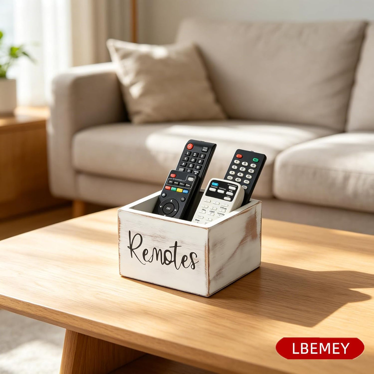 LBEMEY Wood Remote Control Holder, TV Remote Control Organizer for Home Bedroom Table, Multi-Purpose Desktop Storage (Retro White, M,for 3+ Remote Controls)