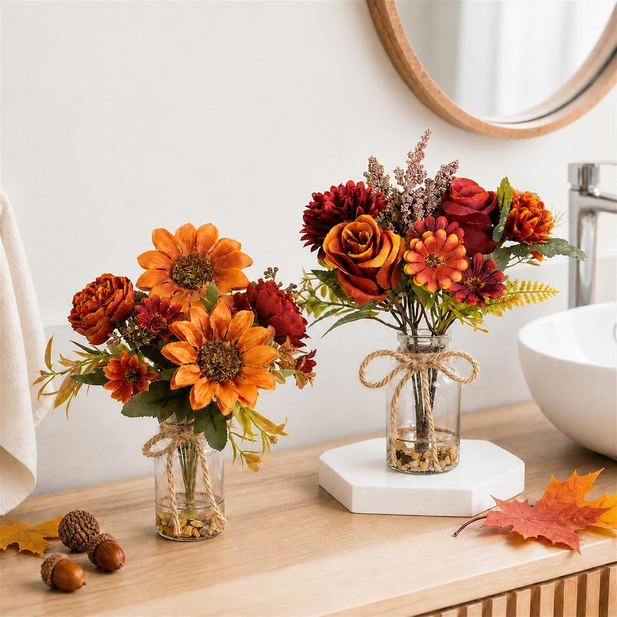 2 Packs Artificial Autumn Sunflower Rose in Glass Vase with Faux Water,Red