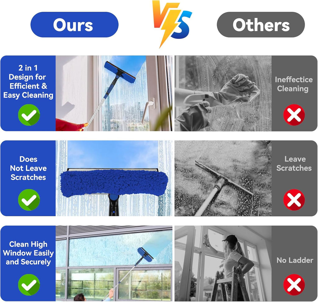 Window Washing Kit with Extension Pole: 3 in 1 Window Squeegee 20+ Ft Reach