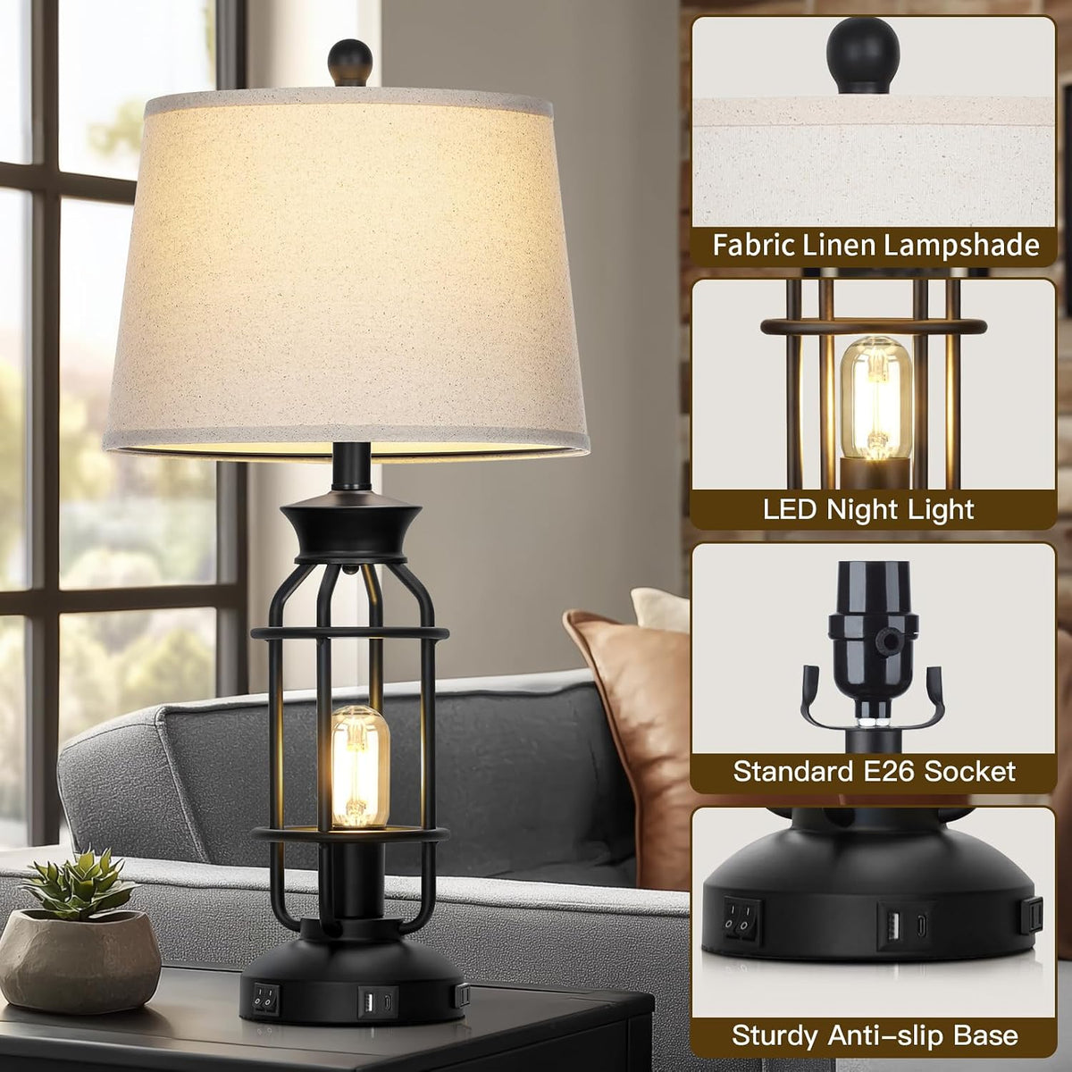 28" Tall Farmhouse Table Lamp for Living Room, Industrial Table Lamp with USB C+A Charging Ports & Outlet, Rustic Vintage Bedside Nightstand Lamp with Night Light for Bedroom End Table Black Single
