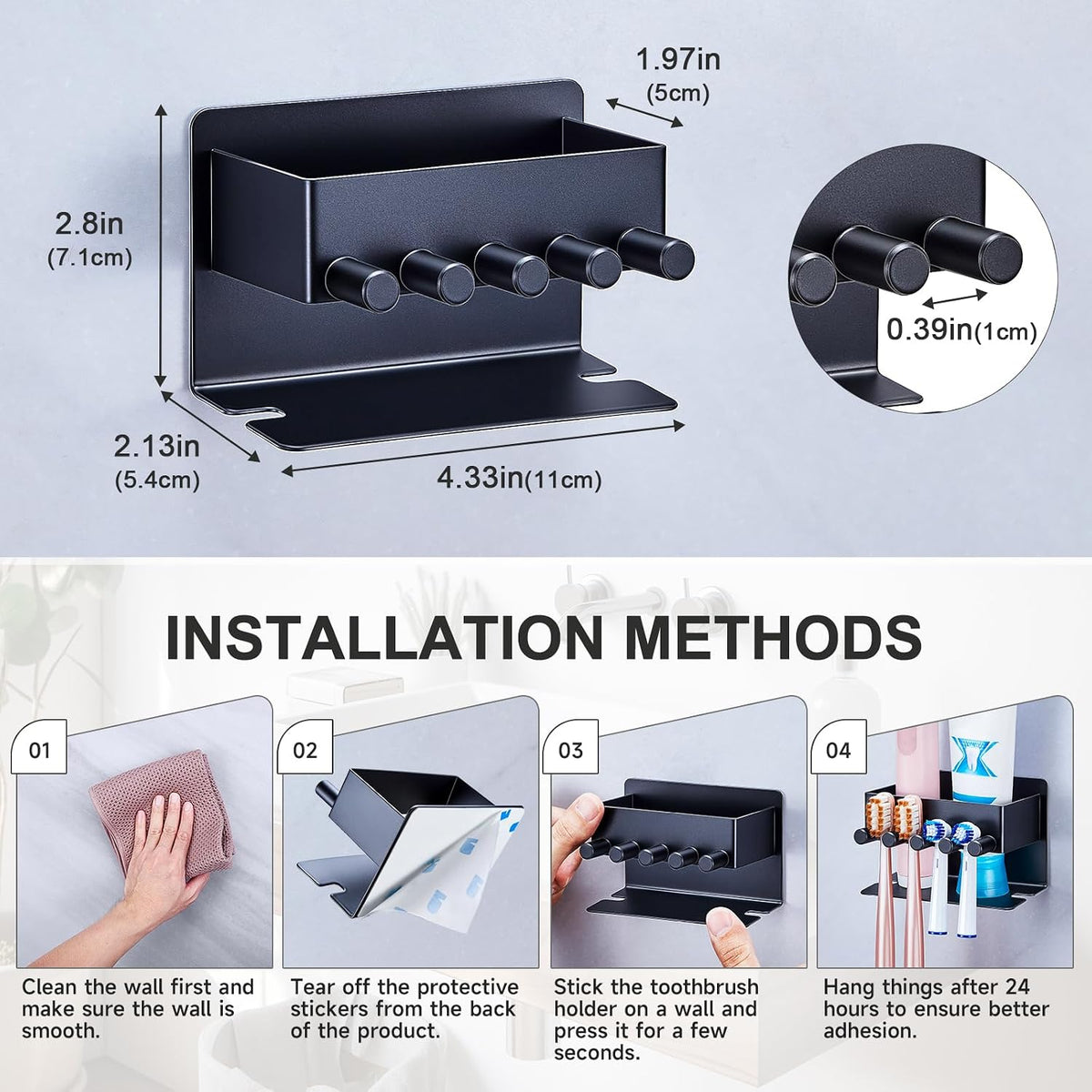 Electric Toothbrush Head Holder, Electric Toothbrush Holders Wall Mounted, Electric Head Holder, Brush Head Storage, Brush Head Holder Toothpaste Holder for Bathrooms (Black, Small)