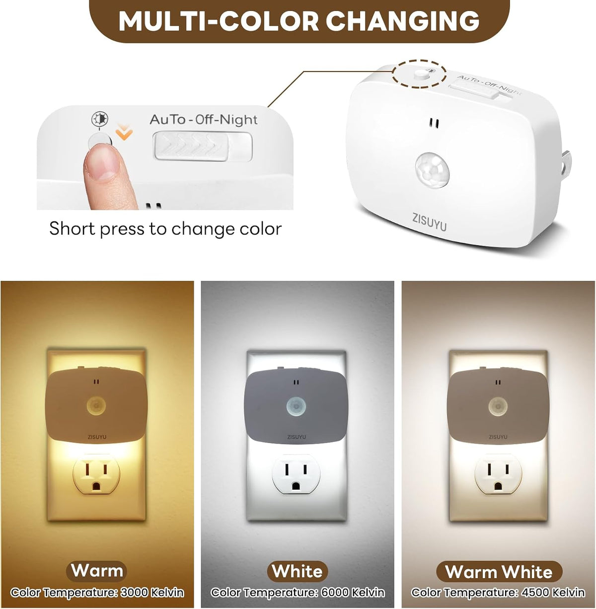 ZISUYU Plug-in LED Backlit Night Light with Motion Sensor & Dusk to Dawn Sensor, 10-60lm Dimmable Nightlight with Multi-Mode & Color-Changing, Ideal for Bedroom, Bathroom, Stairs, Hallway (2 Pack)