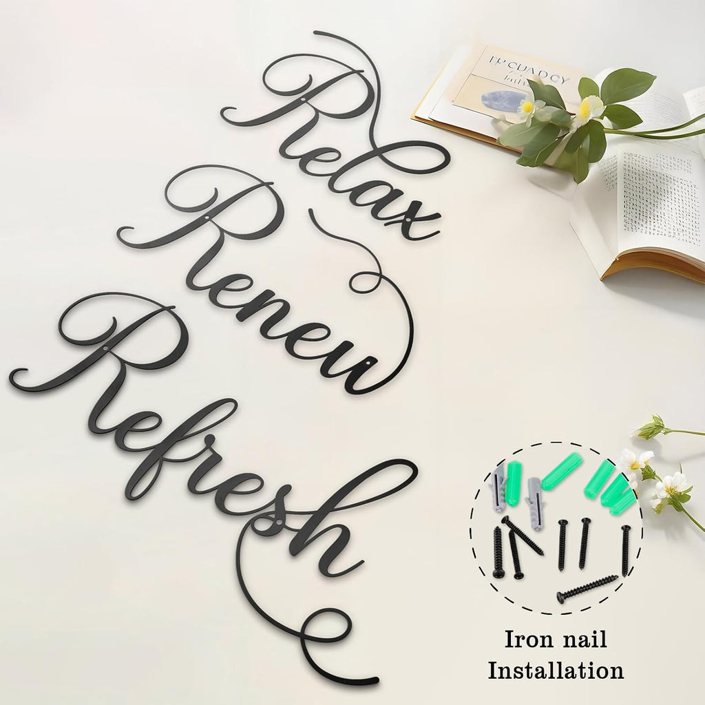 Zzbakress 3 Pcs Relax Refresh Renew Metal Wall Art Black Bathroom Decor Wall Art Metal Decorative Wall Art Farmhouse Wall Decor for Living Room Bedroom Bathroom (Elegant)